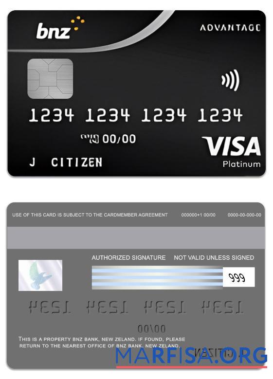 Downloadable New Zeland BNZ Bank advantage visa platinum card download for verification